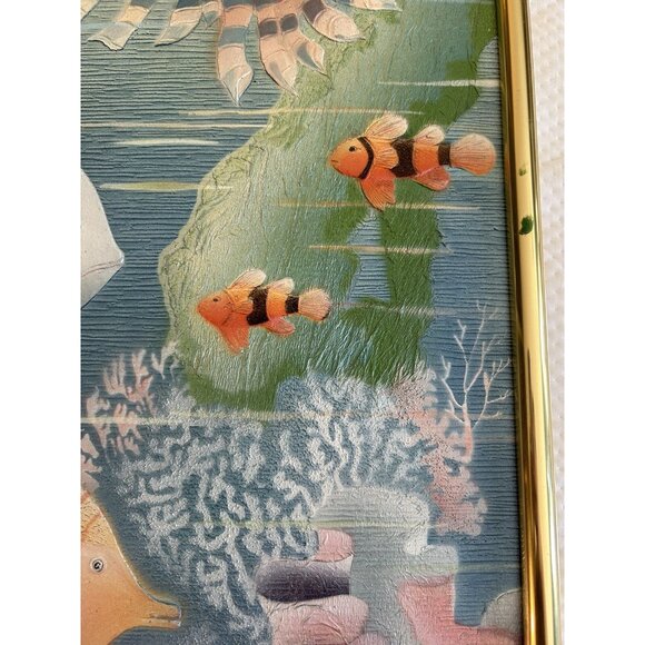 Vtg Original Thick Texture Oil Painting Tropical Fish Brass Frame 20" Registered - Picture 4 of 13